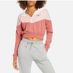 Nike Sportswear Heritage1/2-Zip Hoodie Pink & White Crop Sweatshirt - Medium